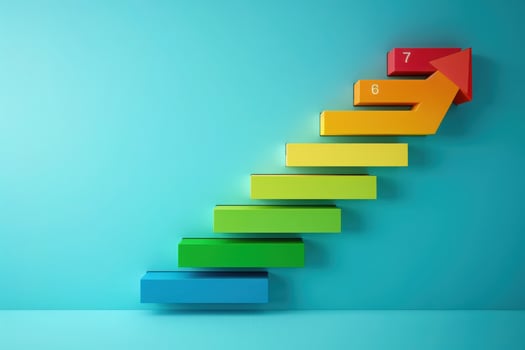 A vibrant chart displays energy efficiency levels ascending in a stair-step fashion, showcasing advancements with distinct colors. photo
