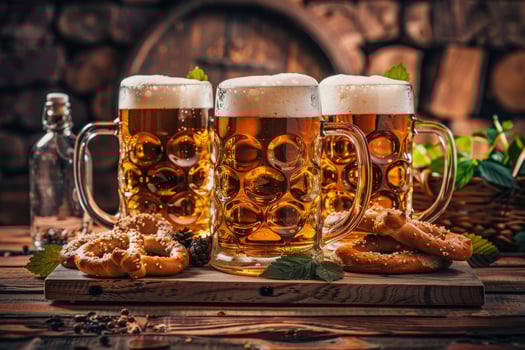 Three large mugs filled with golden beer are highlighted next to fresh pretzels, capturing the spirit of Oktoberfest festivities. photo