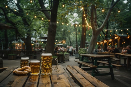 Friends gather in a charming German beer garden, savoring pretzels and beer under twinkling lights, creating a vibrant atmosphere. photo