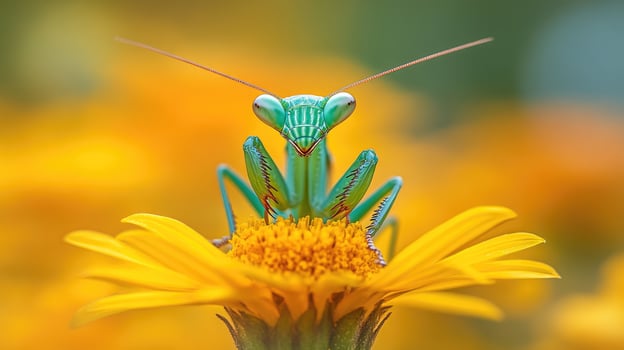 Praying mantis posing on a yellow flower with blurred background photo