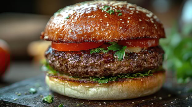 Juicy burger with melted cheese and red onions is waiting to be eaten photo