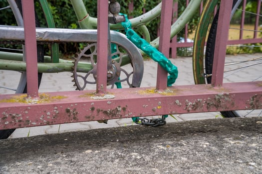 Bike is secured with a bicycle lock. Protection against bicycle theft. Czech photo
