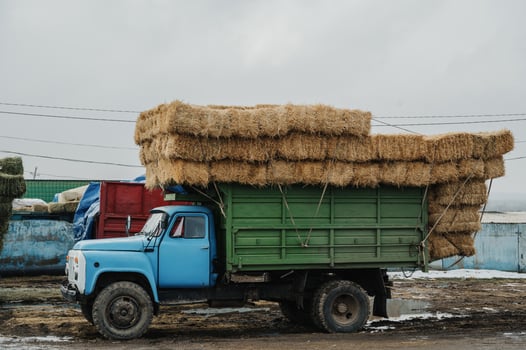 Transportation of stacked hay bales on a trailer on a rural road photo