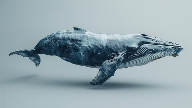 A digital rendering of a blue whale floating in the ocean, surrounded by starry space imagery. photo