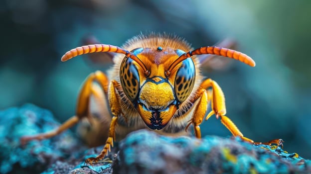 Closely focused photograph of a bee foraging. The bee is yellow and black with distinctive markings. photo