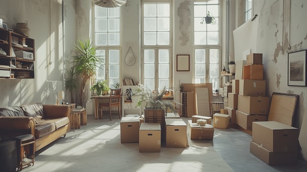 white studio apartment with boxes in the center. concept of preparing to move photo