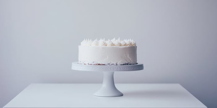 A beautifully crafted and simplistic white birthday cake elegantly presented atop a cake stand, making it an ideal choice for any celebration, characterized by its clean and minimalistic design photo