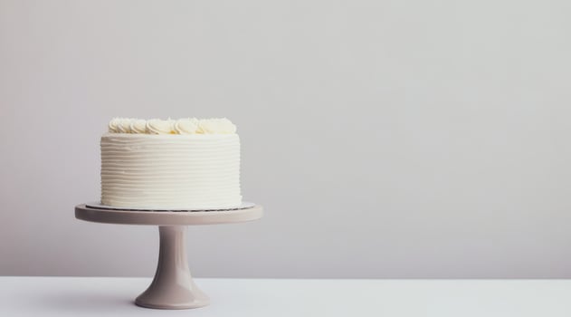 A lovely and simple, yet elegant white birthday cake presented beautifully on a charming cake stand, set against a neutral background, making it perfect for minimalist and refined celebrations photo