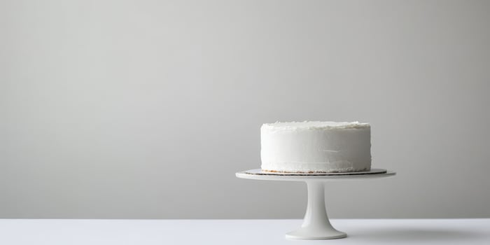 This exquisite and elegant white birthday cake is artistically displayed on a contemporary stand against a subtle and soft background, making it an ideal choice for any kind of celebration or event photo