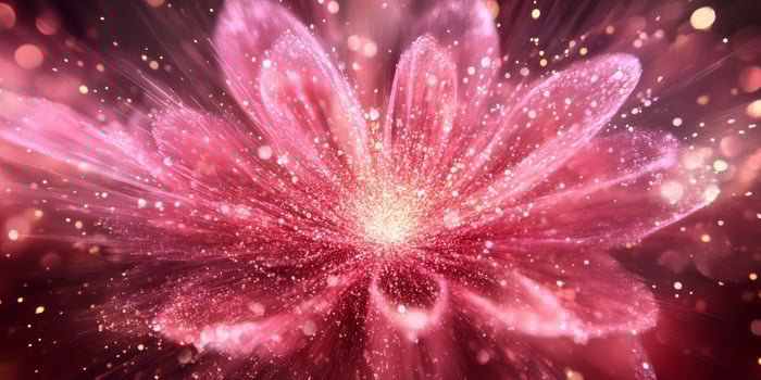 A vibrant abstract image features a pink flower emitting soft light, creating a magical, captivating atmosphere photo