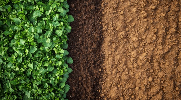 This striking image brilliantly showcases a lush, vibrant green crops field that is situated right next to freshly plowed, rich brown land, highlighting the diverse beauty of agricultural practices photo