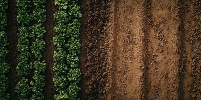 This aerial photograph shows a vibrant view of green crops thriving next to freshly plowed earth, highlighting diverse agricultural practices and land usage across various regions photo