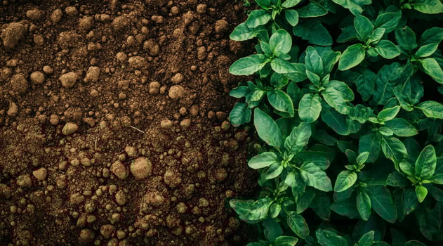 An aerial view shows the vibrant green crops thriving next to freshly plowed soil, highlighting the balance between productive agriculture and wellprepared land ready for more cultivation photo