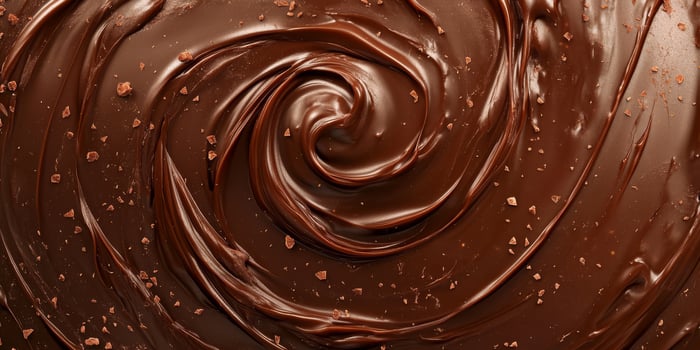 This is a closeup view that showcases a rich, smooth, and melted chocolate swirl, making it ideal for dessert decoration, cooking inspiration, or enhancing bakery themes and aesthetics photo
