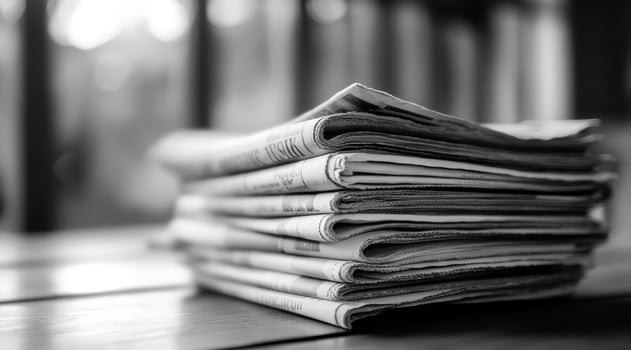 This monochromatic image beautifully showcases a neatly arranged pile of newspapers, reflecting the timeless essence of print media and its crucial role in communication across various societies photo