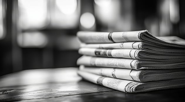 A strikingly stark black and white image showcases a meticulously organized and neat stack of newspapers, drawing attention to their beautifully textured pages and the elegance of their simplicity photo