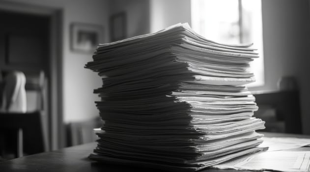 This blackandwhite image showcases a tall stack of neatly arranged papers. The contrast and textures evoke order amidst chaos, inviting contemplation and inspiration from the scene photo