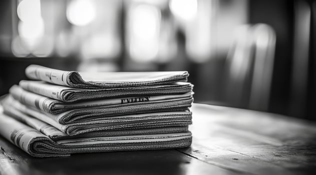 This striking black and white photograph showcases a meticulously arranged pile of newspapers, evoking a sense of nostalgia and the enduring charm associated with traditional media formats photo