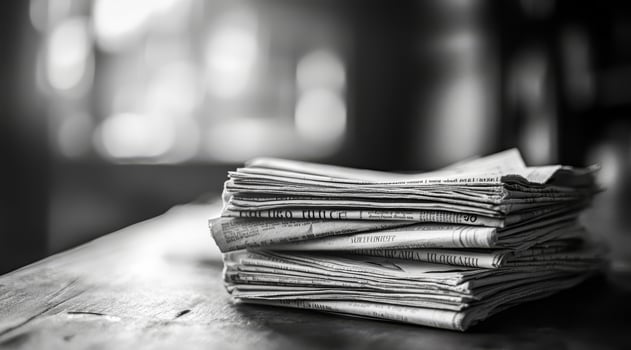 A nostalgic view of old newspapers, stacked neatly on a charming wooden table in black and white, evokes cherished memories of past stories and moments captured in time, rich with history photo