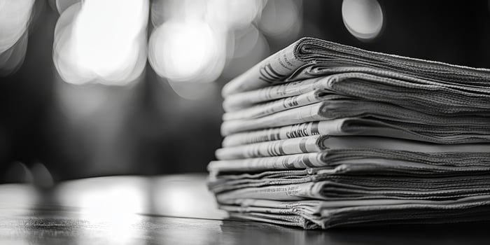 A captivating black and white photograph of neatly stacked newspapers evokes nostalgia, highlighting the enduring significance and role of print media in our cultural and historical landscape photo