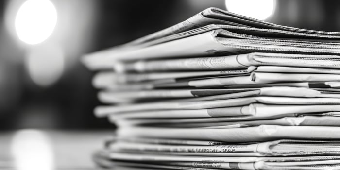 This captivating image features a closeup of neatly stacked newspapers in a striking black and white palette, highlighting their intricate texture, depth, and layered arrangement photo