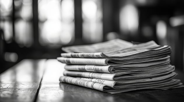 A charming pile of black and white newspapers is resting gently on a beautifully crafted wooden table, perfectly capturing a nostalgic feel in a calm and serene environment that invites contemplation photo
