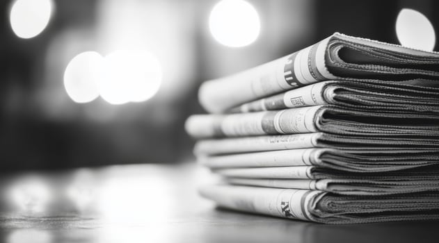 A monochrome image captures a neatly arranged stack of newspapers, evoking feelings of nostalgia and emphasizing the timeless essence of print media that has persisted throughout the years photo
