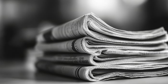 This black and white photo features a neatly stacked pile of newspapers, emphasizing the charm of print media in todays digital landscape, where traditional communication is being reevaluated