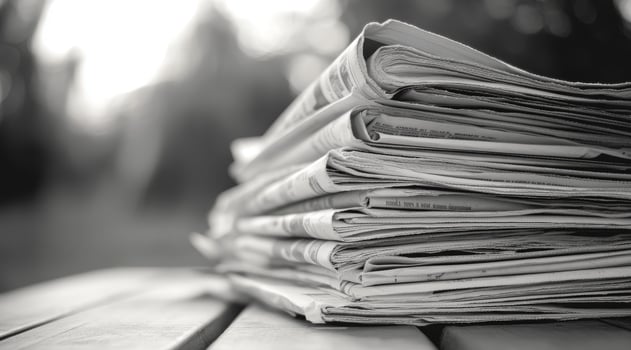 Explore the nostalgic beauty and rich texture of stacked newspapers rendered in striking black and white, beautifully capturing a moment in time as well as the true essence of traditional media forms photo