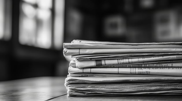This captivating black and white image shows a neat pile of newspapers on a rustic wooden table, reflecting the timeless essence of classic journalism and evoking a sense of nostalgia photo