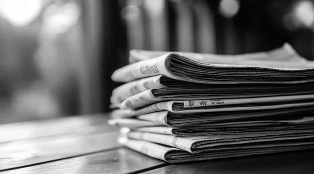 This monochrome image beautifully showcases a neatly stacked collection of newspapers, effectively illustrating the timeless art of journalism set against a rustic wooden surface, evoking nostalgia photo