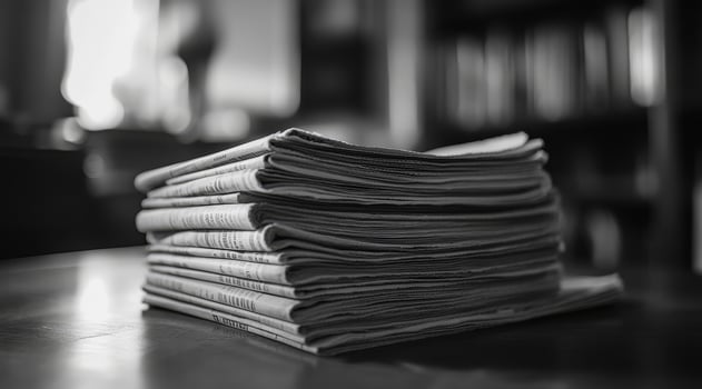 This captivating artwork presents a unique stack of black and white newspapers, skillfully emphasizing the enduring significance of print media in our rapidly evolving and digitaldriven world today photo