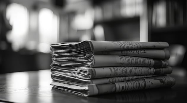 This image showcases a striking black and white view of neatly stacked newspapers, evoking nostalgia for traditional media and journalism that were once central to communication and information photo