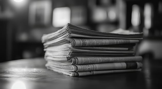 A captivating black and white image that beautifully showcases a neat and carefully arranged stack of newspapers, evoking a profound sense of nostalgia and timelessness specifically in print media photo