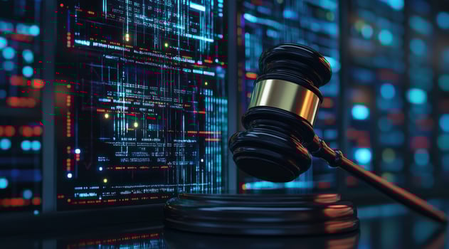 A judicial gavel rests prominently at the very forefront of a vibrant and hightech artificial intelligence data center, symbolizing the important intersection of law and advanced technology photo
