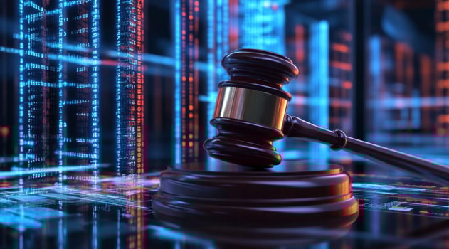 A judicial gavel rests prominently in a futuristic data center, effectively symbolizing the crucial intersection of established law and advanced artificial intelligence technology innovation photo