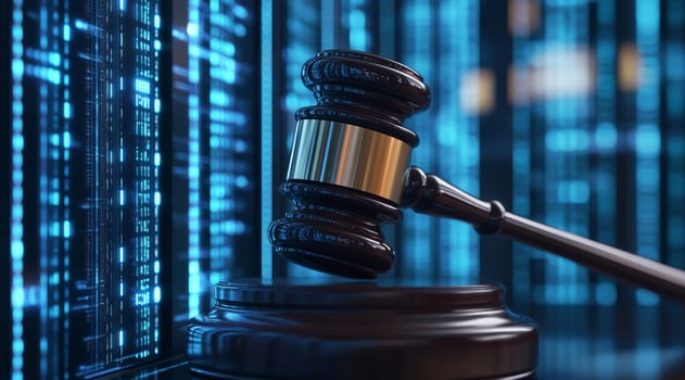 A judicial gavel is thoughtfully positioned against the backdrop of a modern, advanced artificial intelligence data center, powerfully symbolizing the significant intersection of law and technology photo