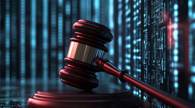 A traditional gavel contrasts with the rapid flow of digital data, highlighting the intersection of law, justice, and the advancements in AI technology that influence todays legal landscape photo