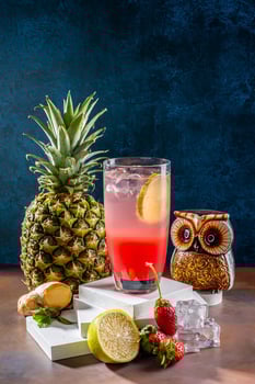 Pure organic Fruit Cocktail with Shaker and Ice Cubes photo