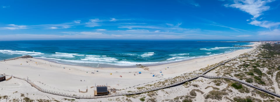 Beautiful Atlantic ocean beach by the coasts of Portugal near cities of Aveiro and Nazare. Sunny day over the beach with huge ocean waves. photo