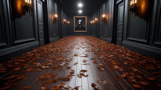 A rustic hallway with a large vampire portrait dripping candle sconces and a floor covered in faux fallen leaves with hidden eyes peeking out photo