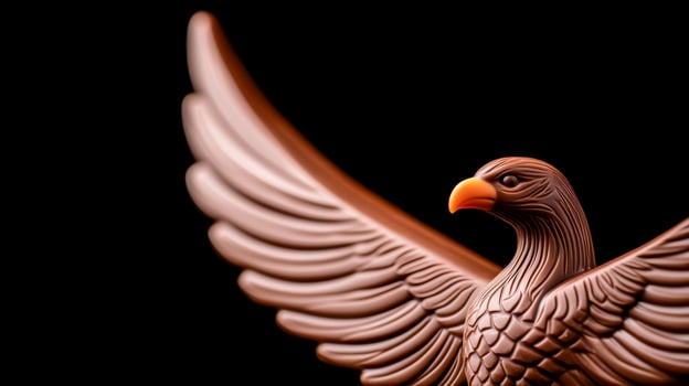 Close up of a chocolate phoenix rising from flames detailed feathers and flames swirling around rich dark chocolate with orange accents isolated on a black background photo