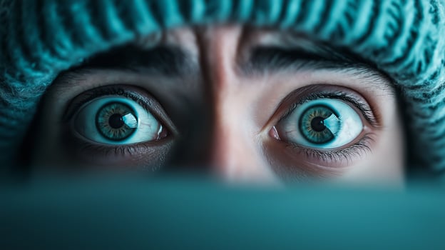 A persons wide eyes filled with fear closeup shot with the crowded background blurred creating a stark contrast of emotions photo