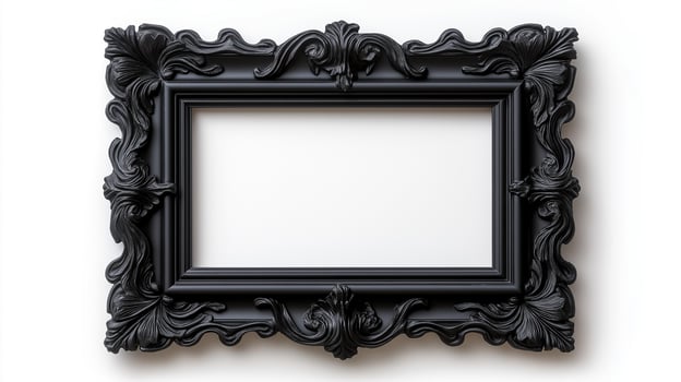 Overhead shot of a gothic picture frame with creepy designs like gargoyles and twisted branches finished in a matte black isolated on a white background photo