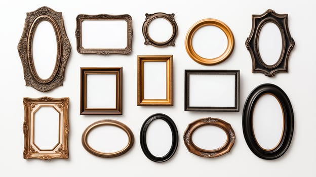 Overhead view of a collection of vintage ornate picture frames in various shapes including oval round and rectangular arranged on a white background empty and ready for use photo