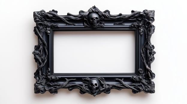 Overhead view of an ornate Halloween picture frame featuring creepy designs like ghost faces and twisted branches in a tarnished silver finish isolated on a white background photo