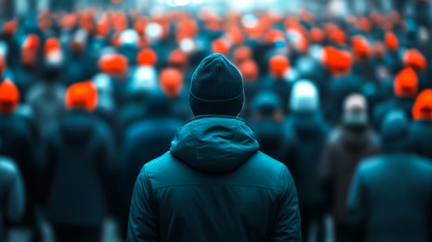 Rear view of a person trying to escape a dense crowd their body language tense and fearful crowd blurred for a sense of urgency photo