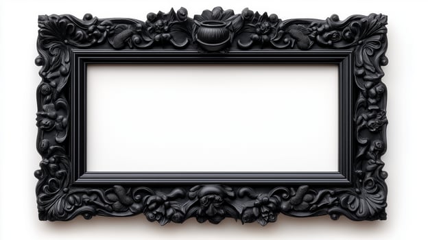 Top down shot of a rectangular Halloween style frame with intricate carvings of witches cauldrons and black cats in a dark vintage finish isolated on a white background photo
