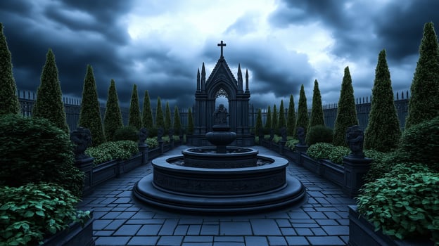 Gothic Halloween garden with a stone gargoyle fountain black roses blooming under an ominous sky shadowy figures lurking in the corners photo
