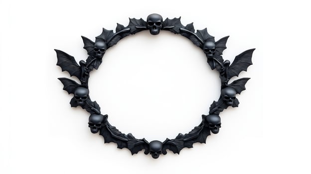 Top view of a circular Halloween frame with gothic inspired bat wings and skulls around the edges finished in dark distressed metal isolated on a white background photo